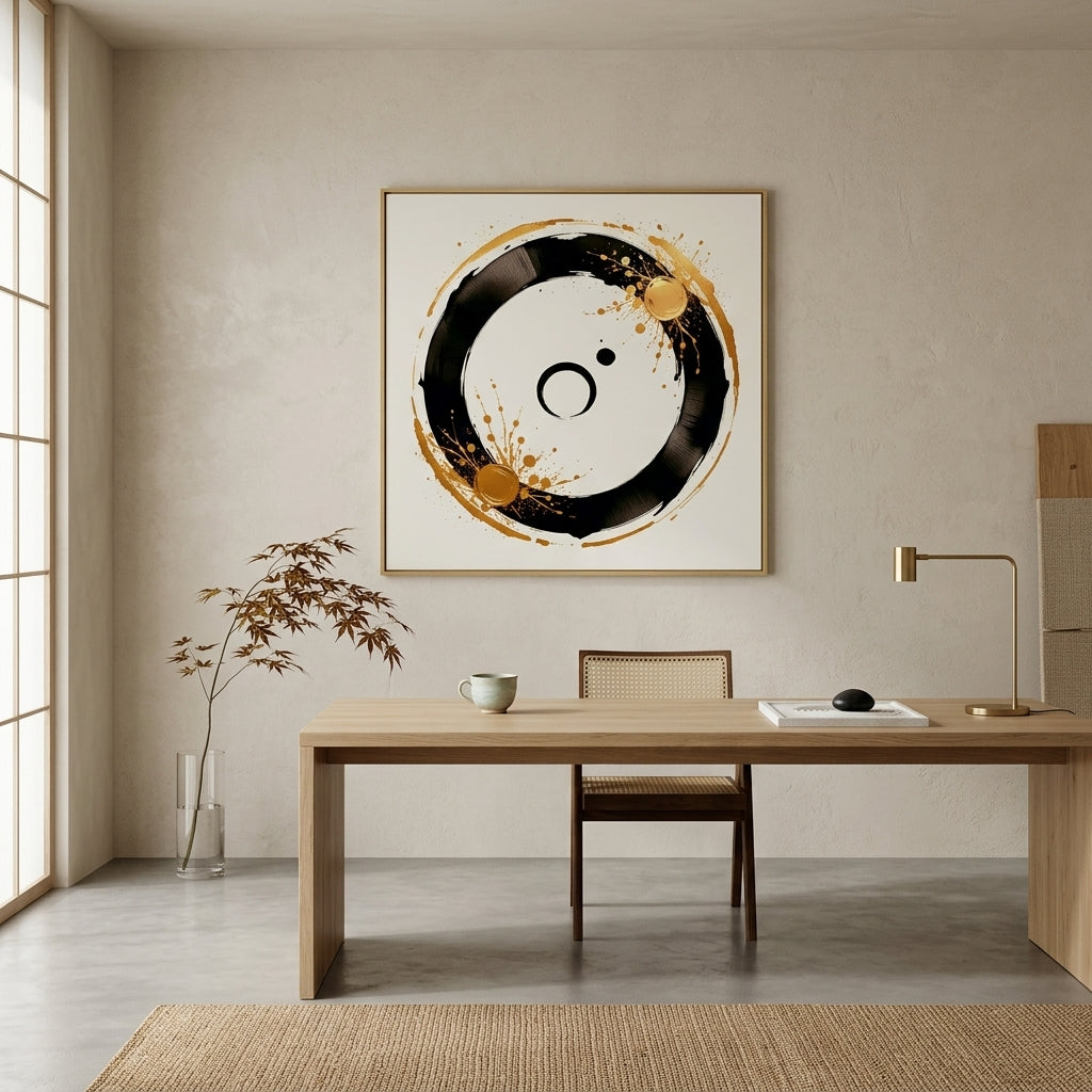 A framed square wall art print featuring an abstract black, white, and gold circular brushstroke design, displayed in a modern minimalist study with a wooden desk, chair, and lamp.