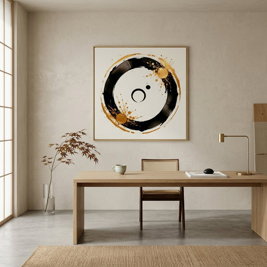 A framed square wall art print featuring an abstract black, white, and gold circular brushstroke design, displayed in a modern minimalist study with a wooden desk, chair, and lamp.