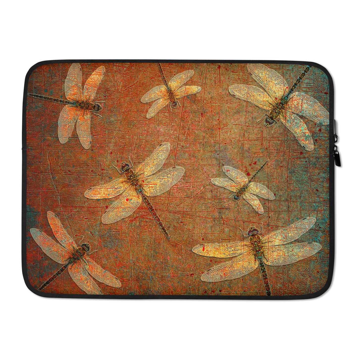 Golden Dragonflies on Orange and Green Background Laptop and Tablet Sleeve Bag