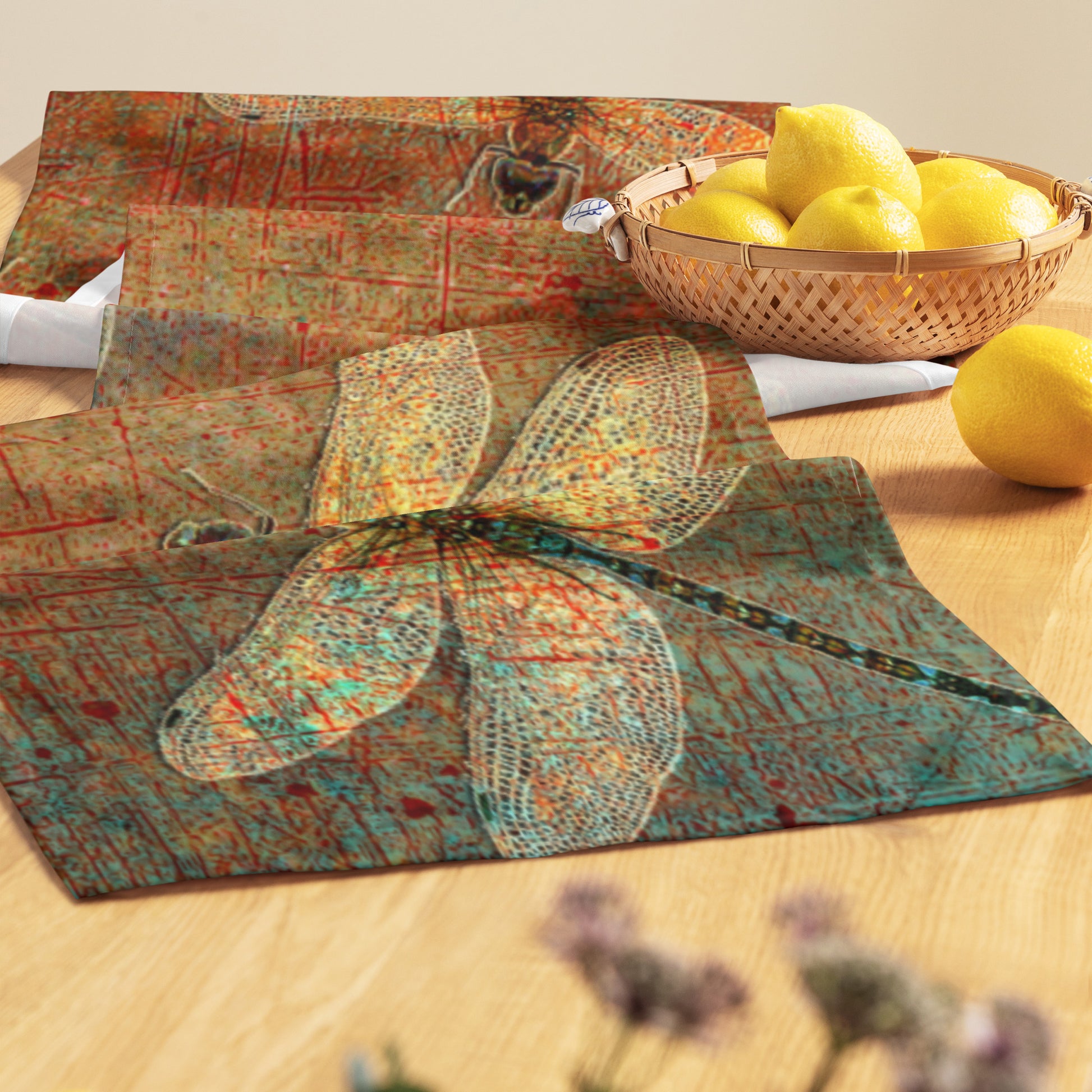 Golden Dragonflies on Orange and Green Background Table runner close up