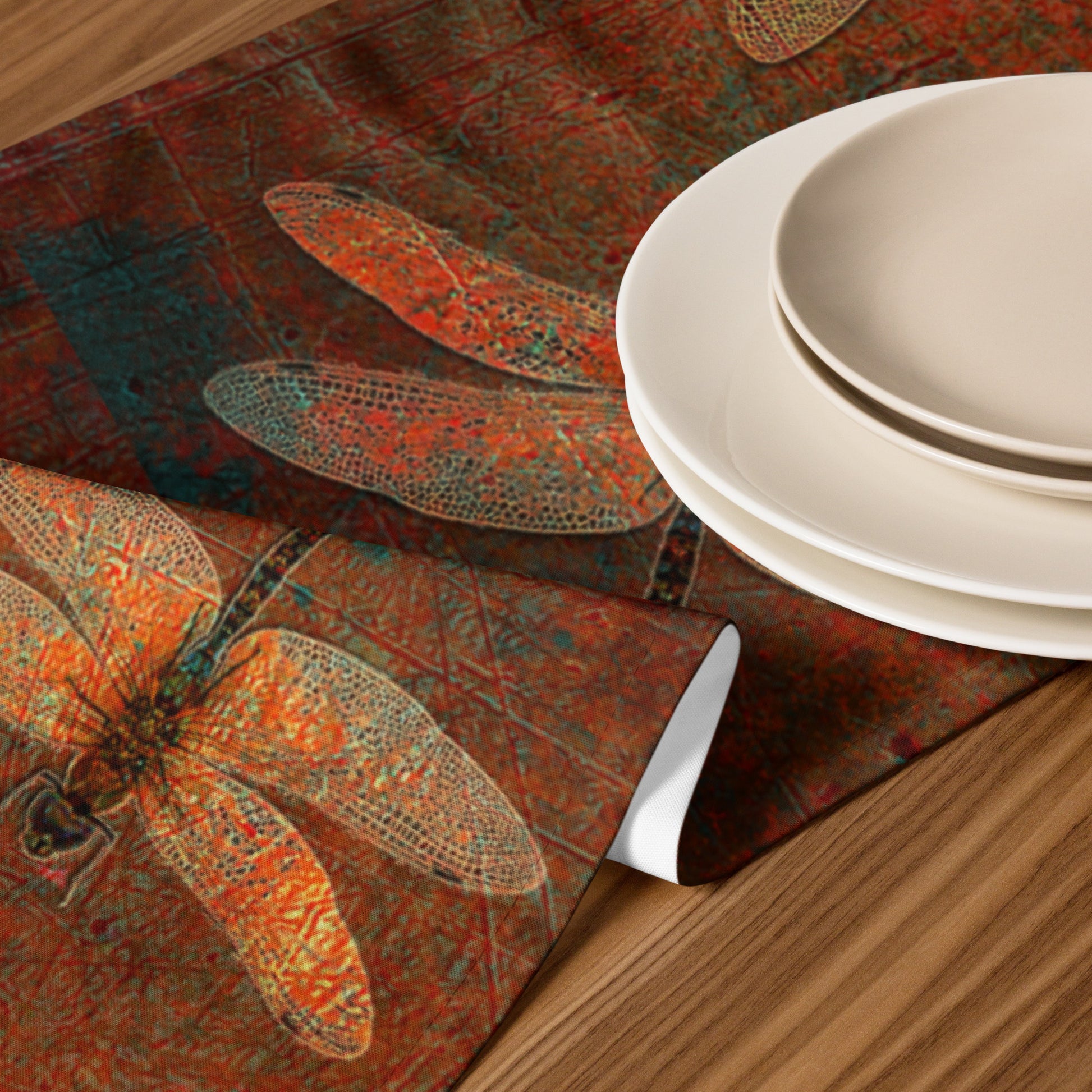 Golden Dragonflies on Orange and Green Background Table runner with plates