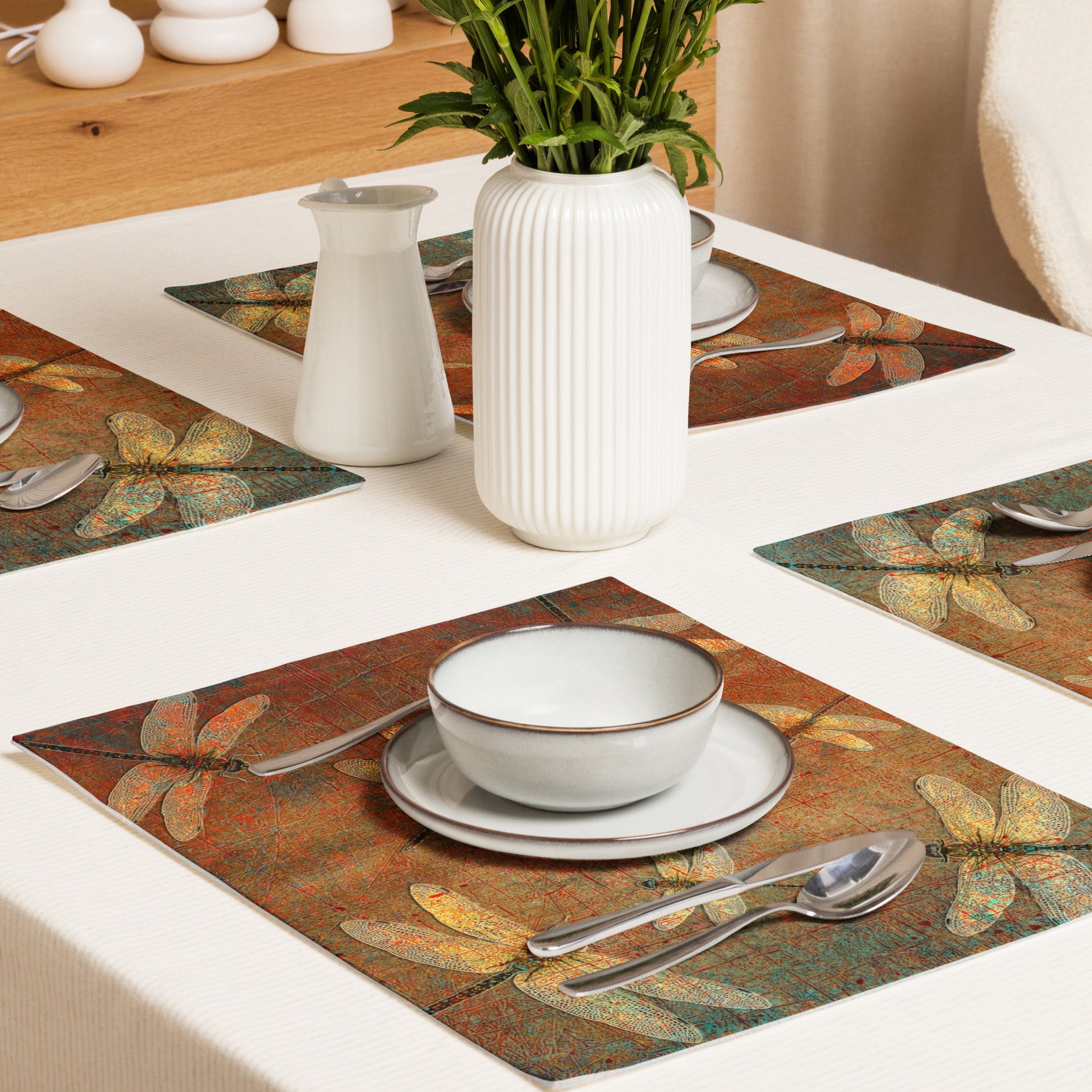 Golden Dragonflies on Orange and Green Background Print Placemat Set of 4 in situ
