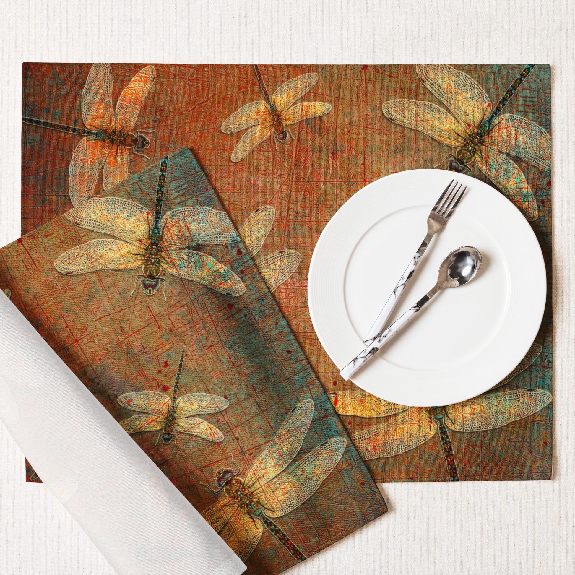 Golden Dragonflies on Orange and Green Background Print Placemat Set of 4 with plate