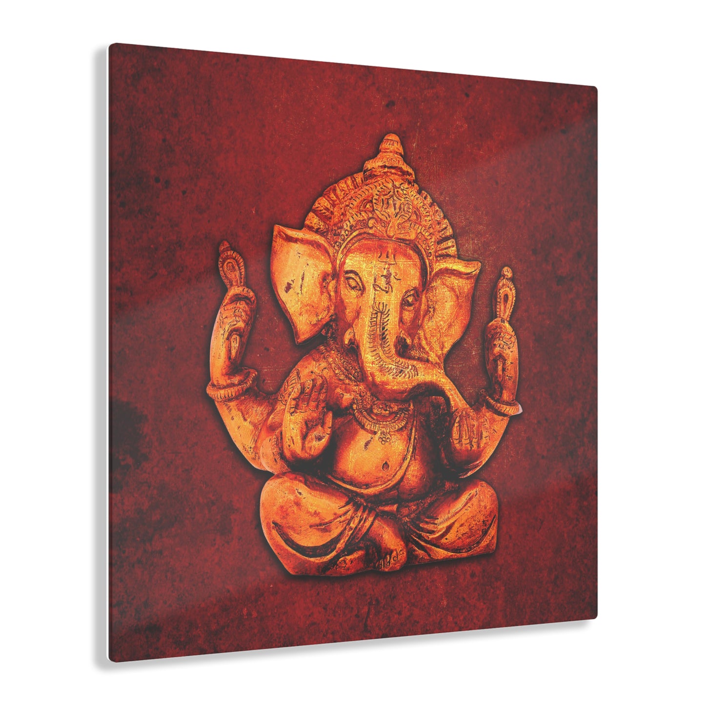 Golden Ganesha on a Distressed Lava Red Background Printed on Crystal Clear Acrylic Panel 