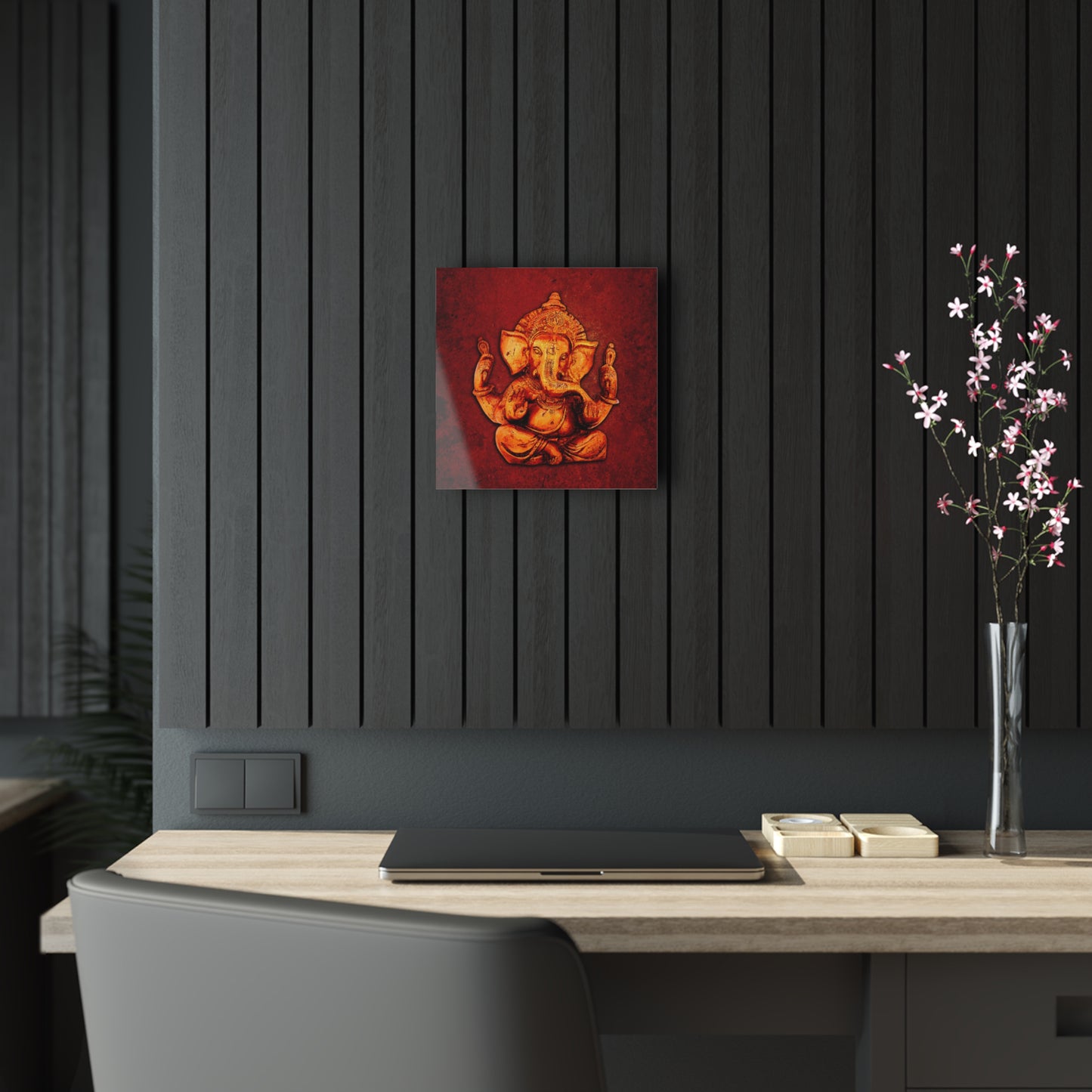 Golden Ganesha on a Distressed Lava Red Background Printed on Crystal Clear Acrylic Panel 12x12 hung