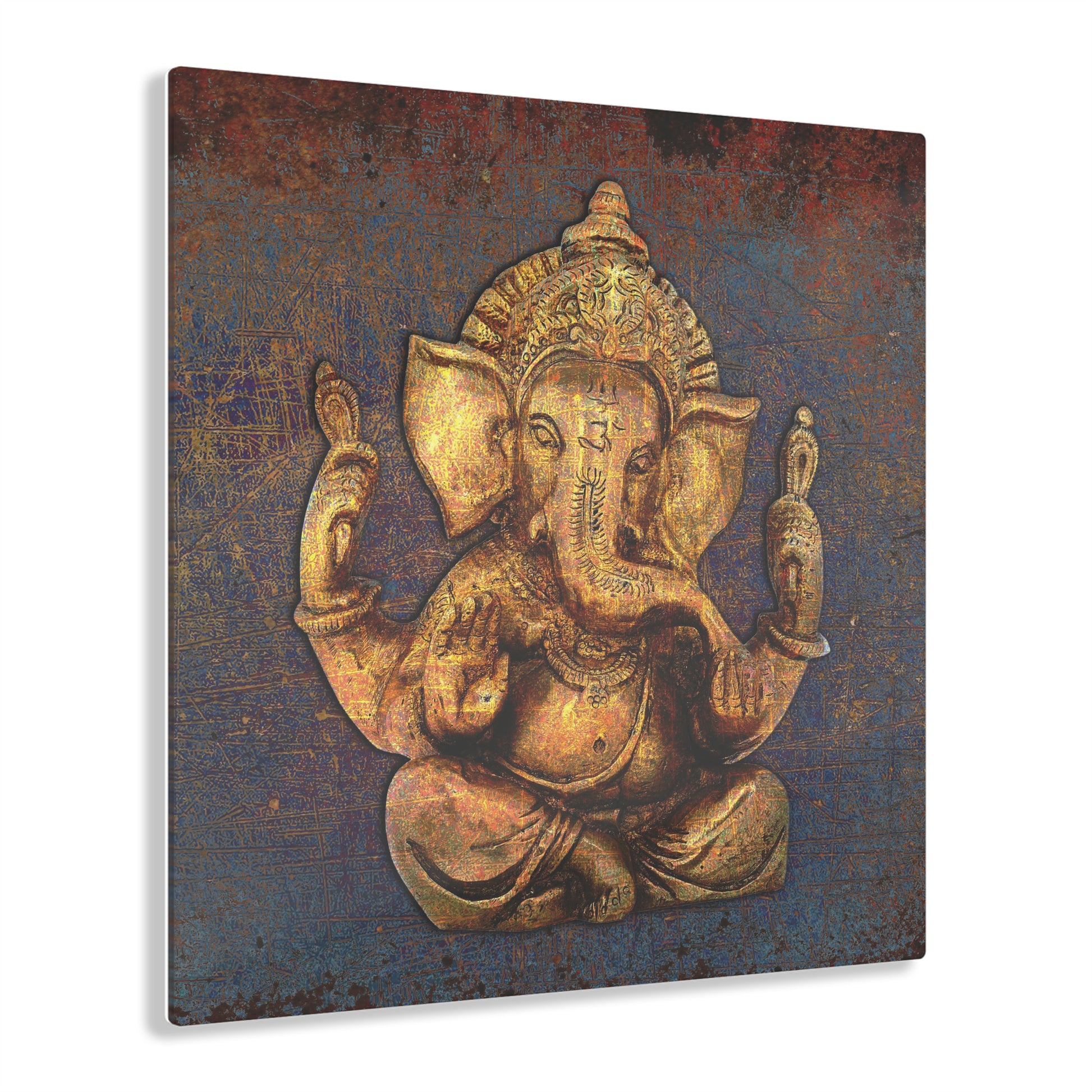 Hindu Themed Wall Art - Golden Ganesha on a Distressed Purple and Orange Background Printed on a Crystal Clear Acrylic Panel