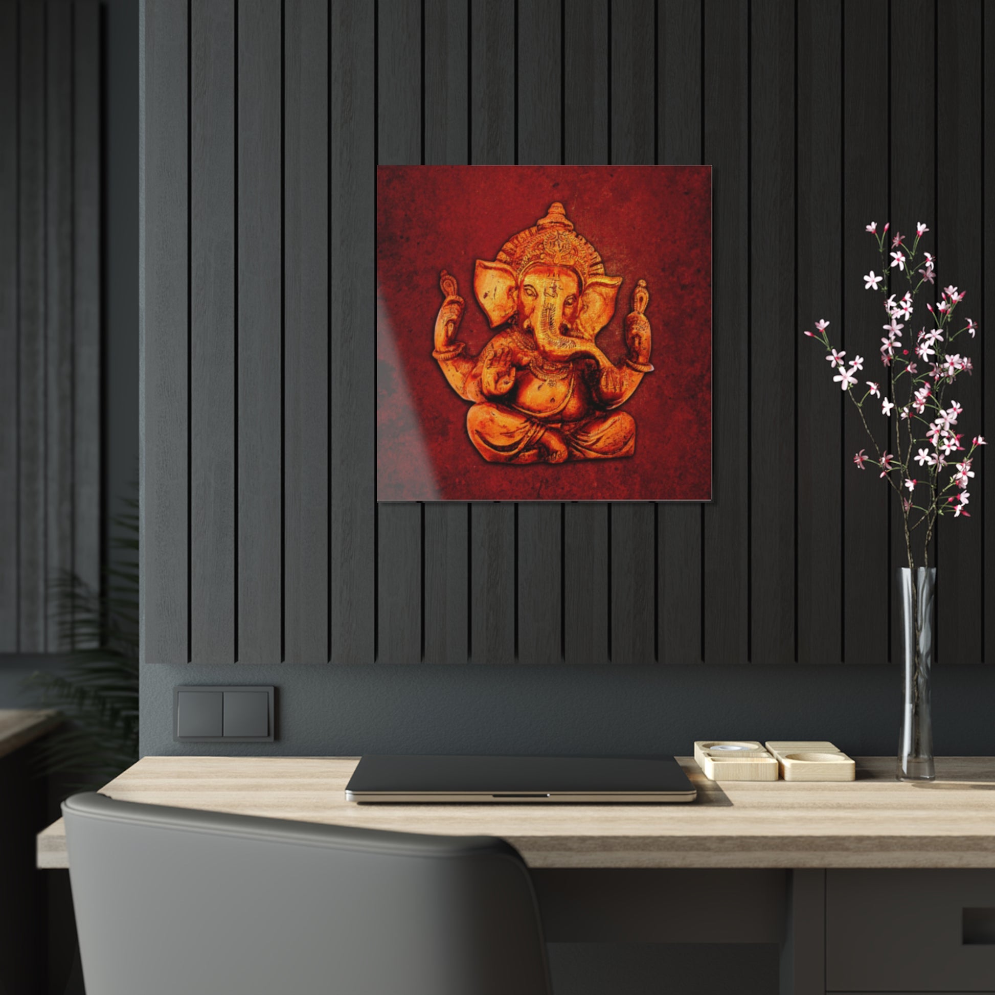 Golden Ganesha on a Distressed Lava Red Background Printed on Crystal Clear Acrylic Panel 20x20 hung