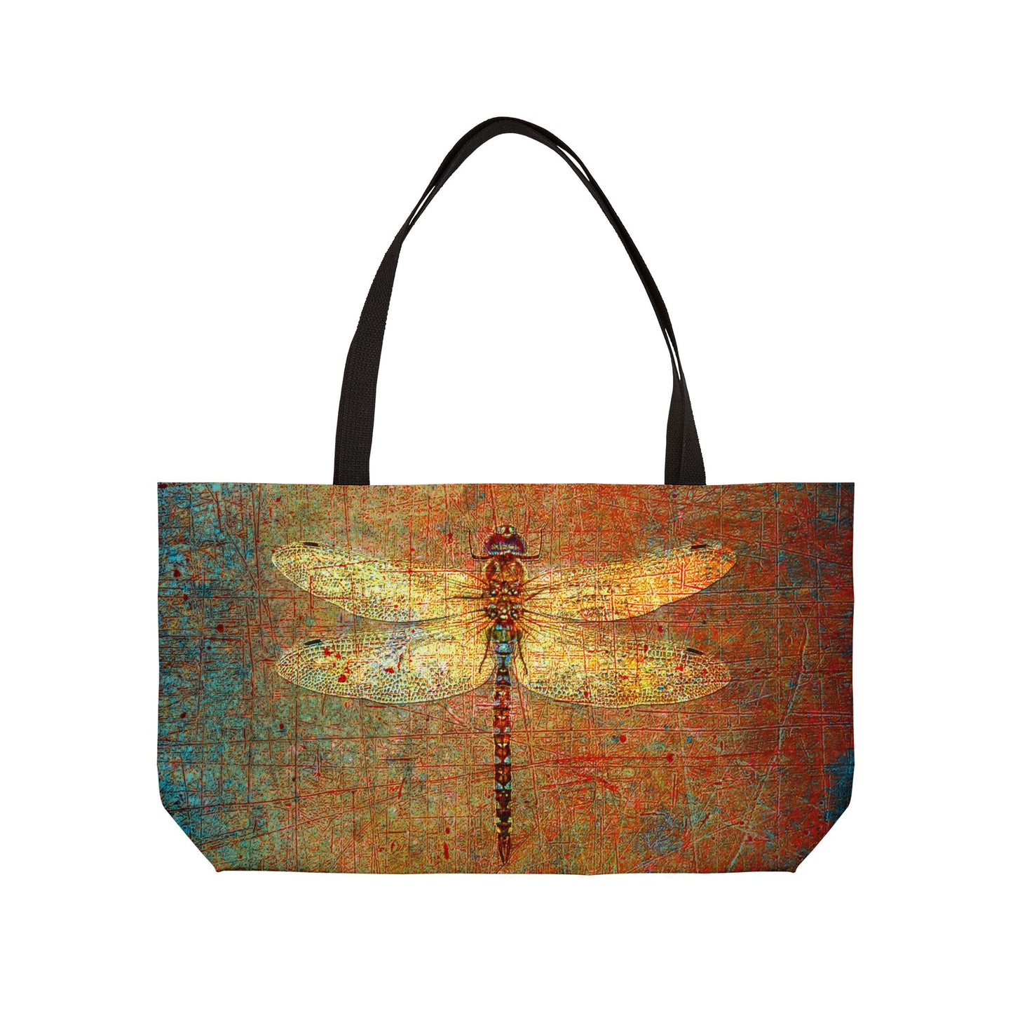 Tote bag with a dragonfly design on a textured background