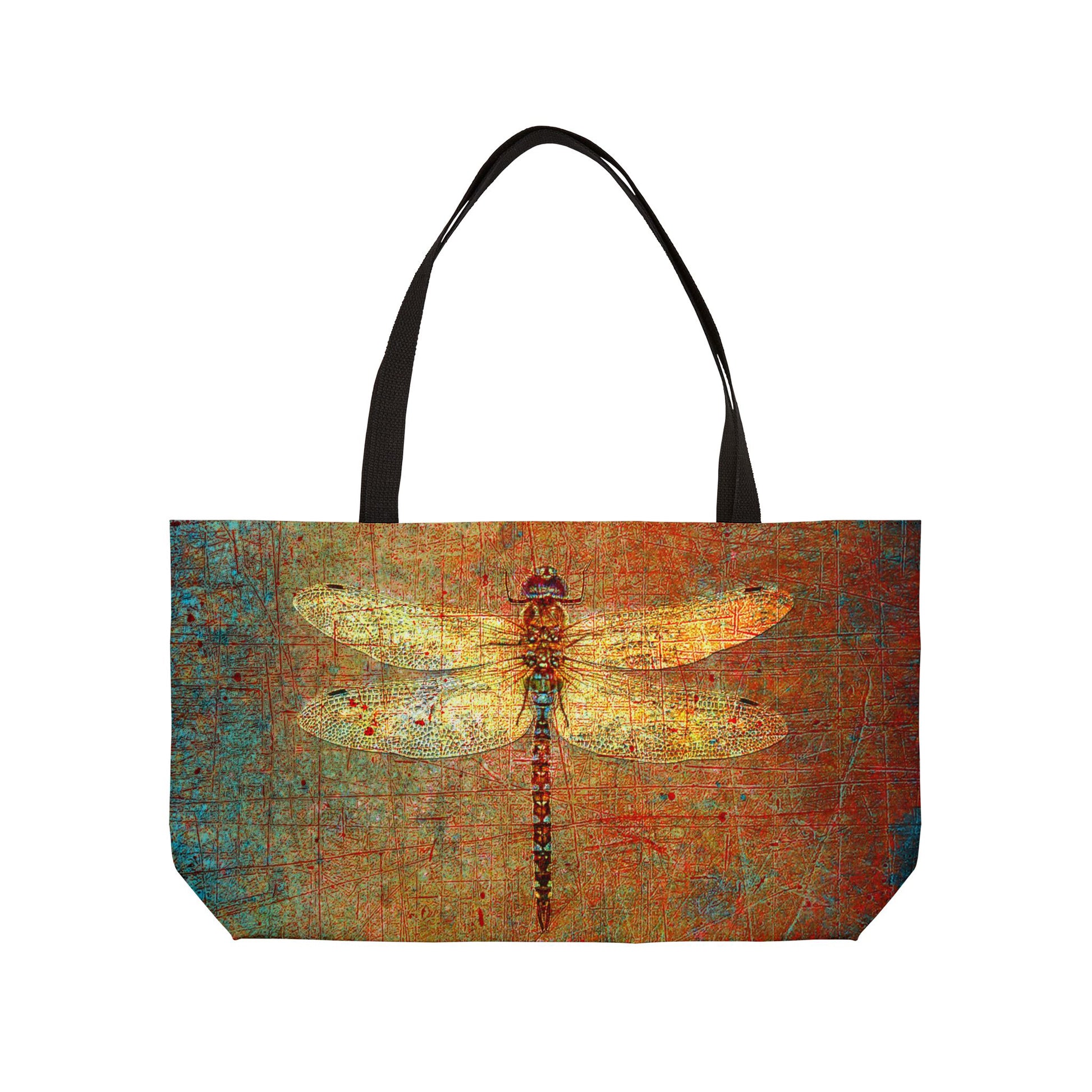 Tote bag with a dragonfly design on a textured background