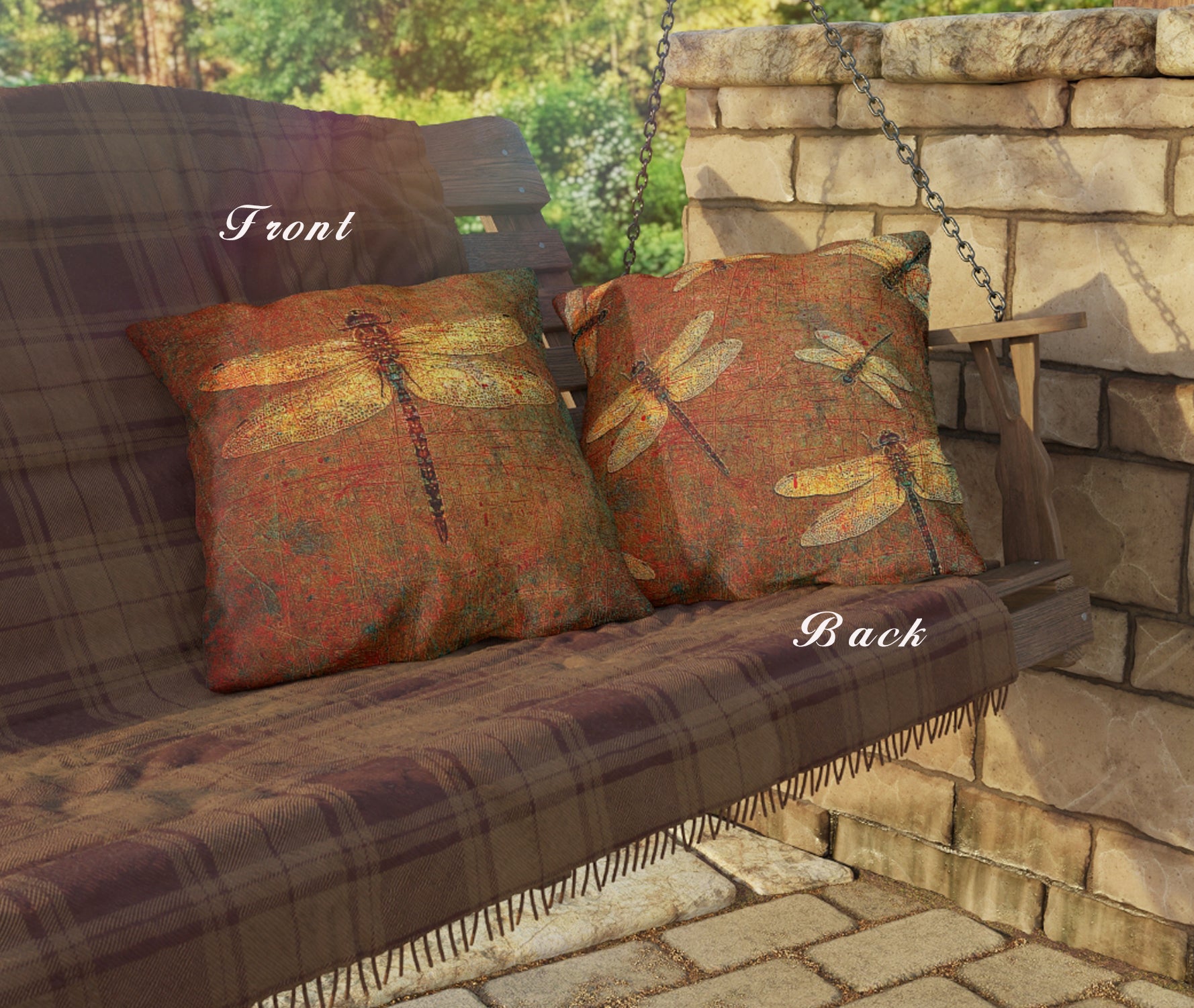 Decorative pillows with dragonfly pattern on a swing seat, labeled 'Front' and 'Back'.