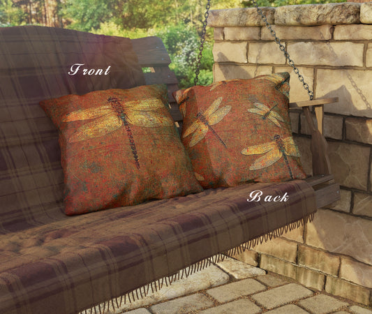 Decorative pillows with dragonfly pattern on a swing seat, labeled 'Front' and 'Back'.