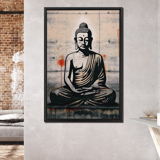 Grafitti Street Art in the Style of Banksy - Sitting Buddha on Distressed Concrete Slab Print on Canvas in a Floating Frame Hung