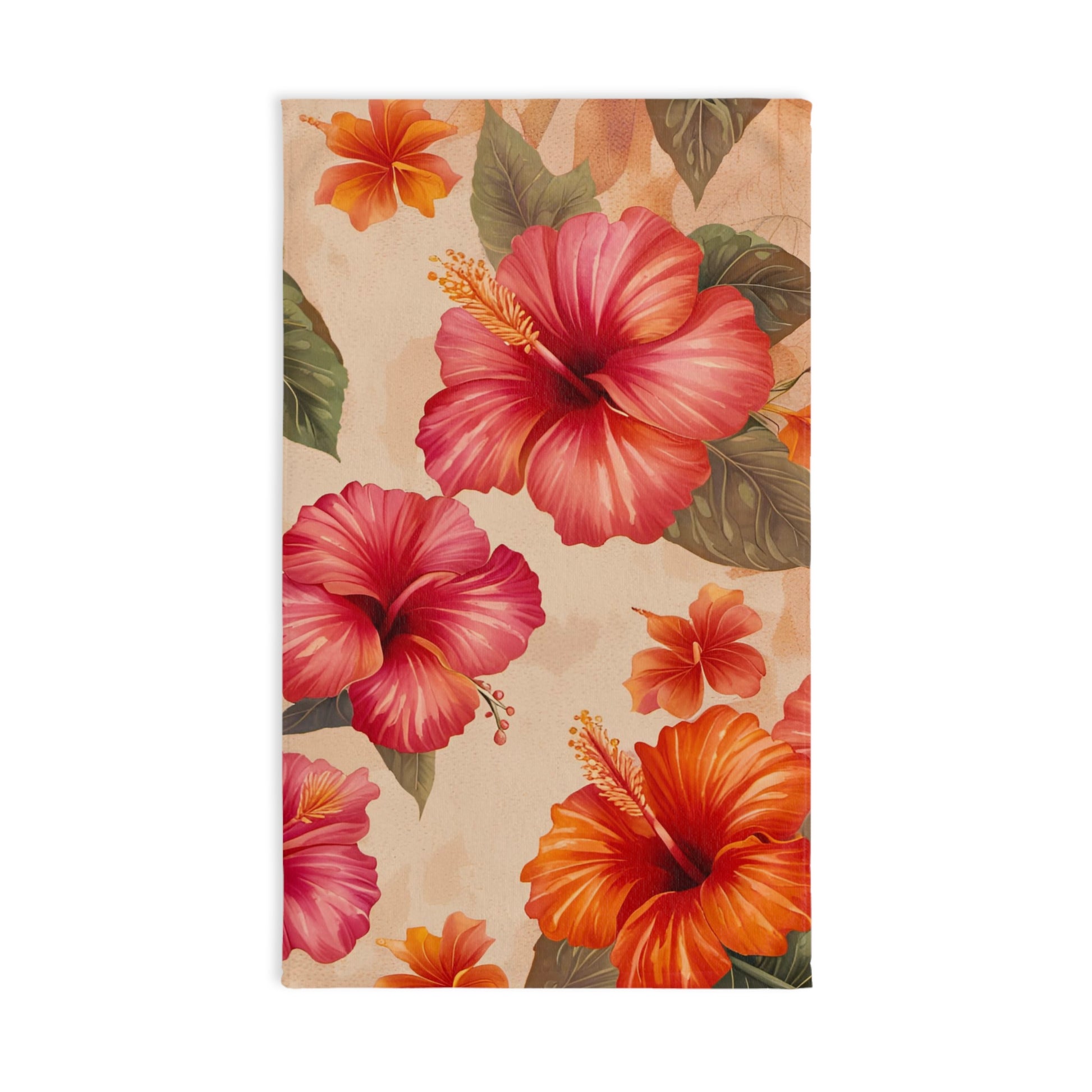 Towel with pink and orange hibiscus flowers on a beige background