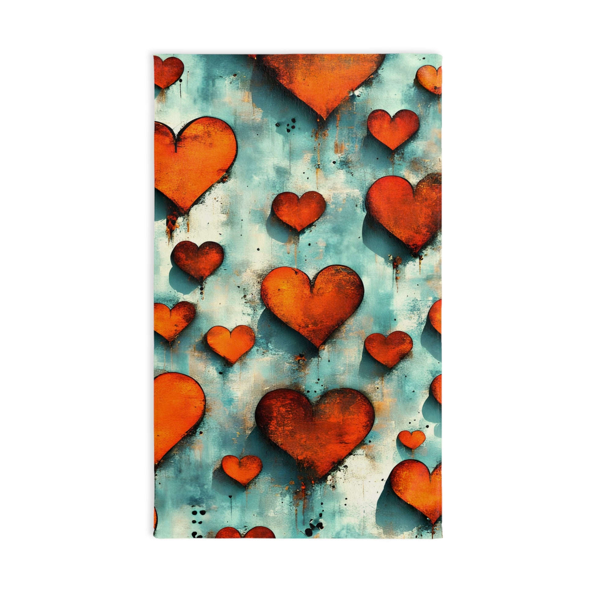 Pattern of red hearts on a textured blue and orange background