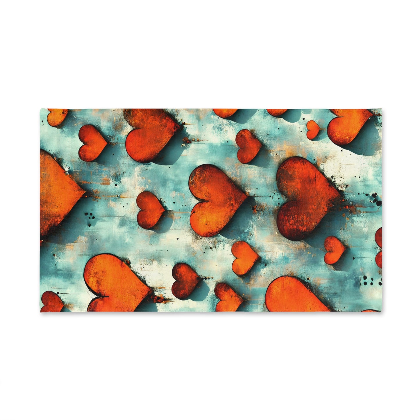 Pattern of red hearts on a textured blue and orange background