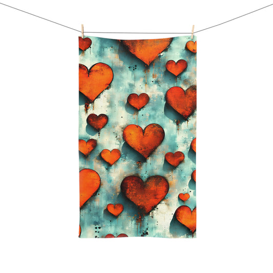 Tea towel with red heart pattern on a blue and orange background