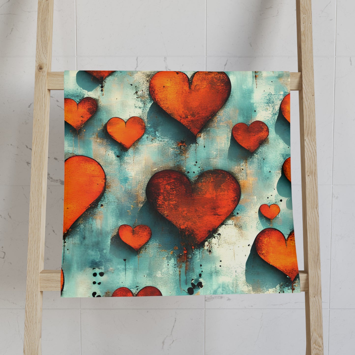 Artistic depiction of red hearts on a textured blue and orange background, displayed on a wooden ladder.