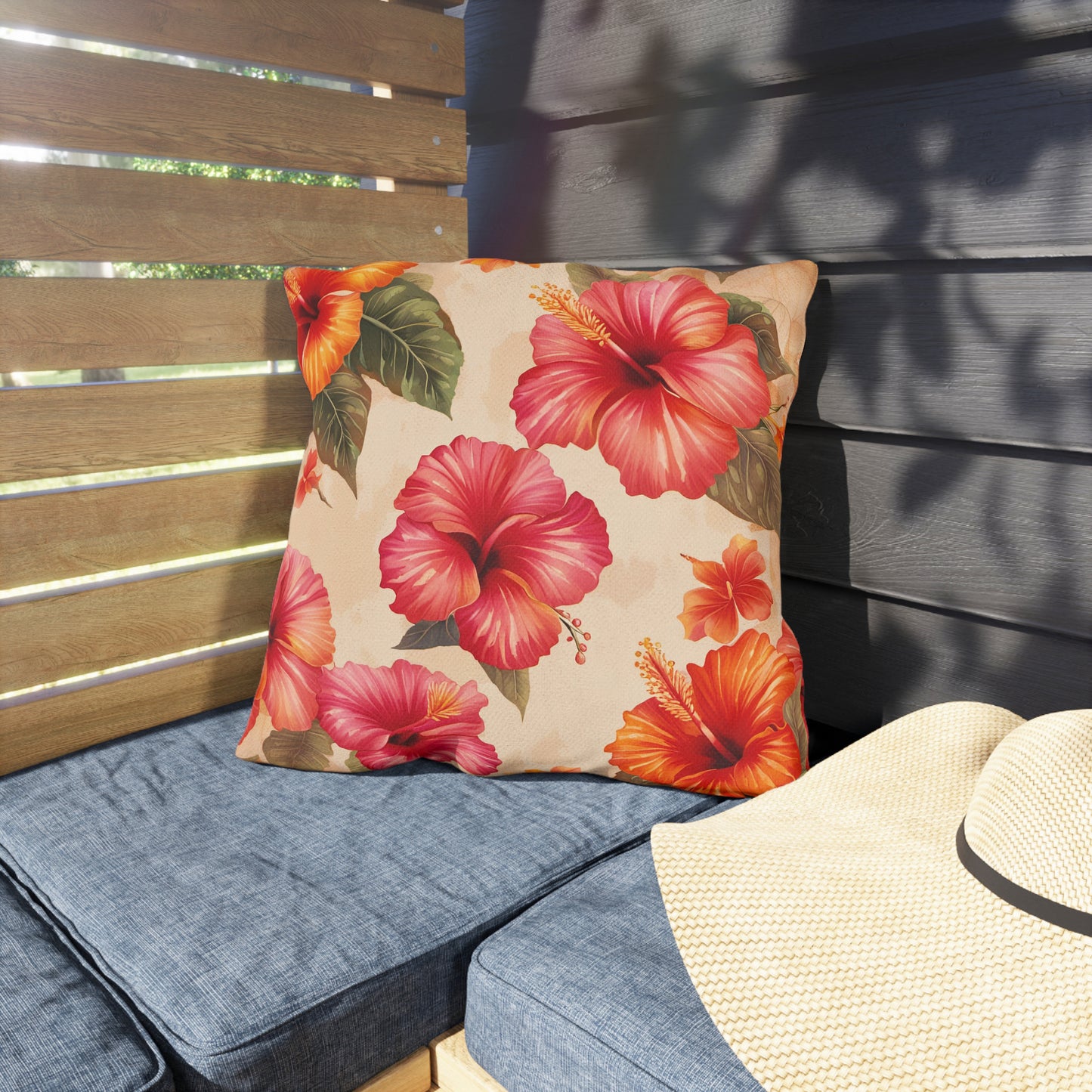 Tropical Themed Square Outdoor Pillow, Pink and Orange Hibiscus Flowers Print