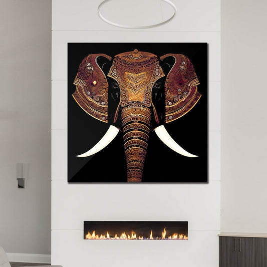 Indian Elephant Head With Parade Colors on Black Background Printed on Recycled Aluminum hung above fireplace