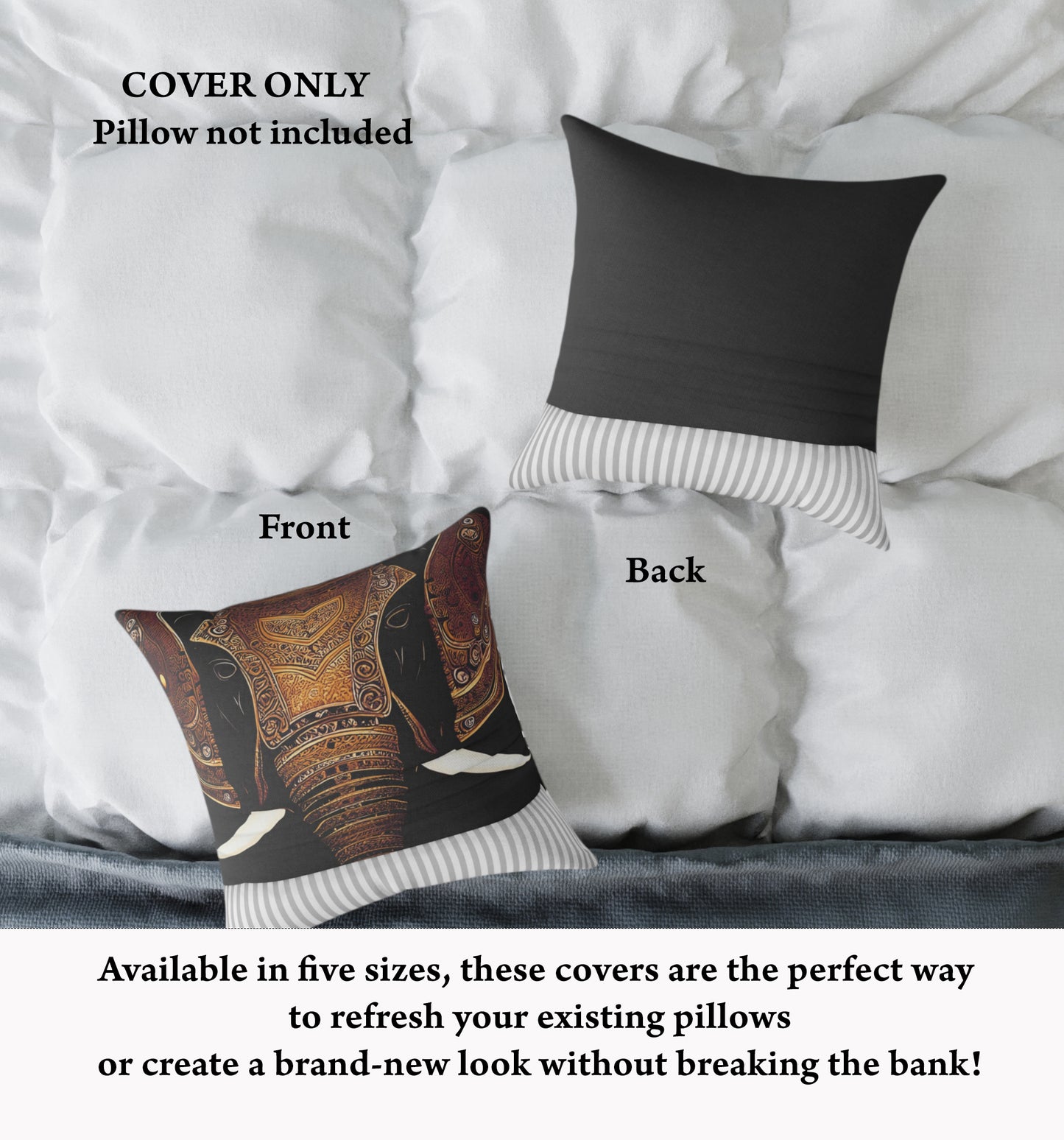 Indian Elephant Head With Parade Colors on Black Background Replacement Cover for Pillow front and back on bed