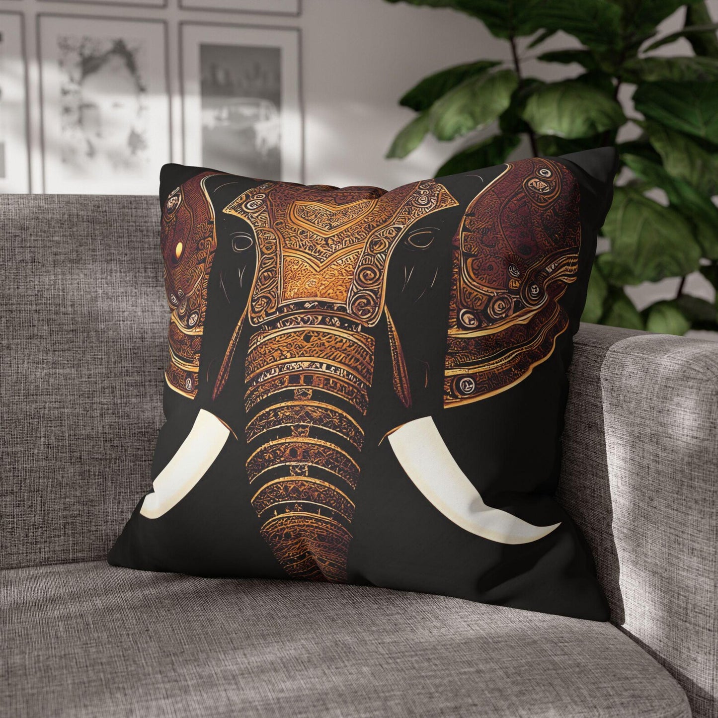 Indian Elephant Head With Parade Colors on Black Background Replacement Cover for Pillow with insert inside