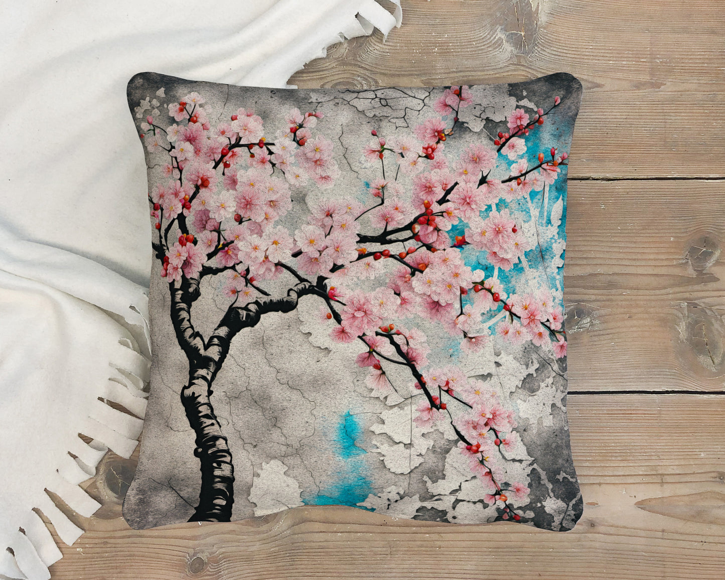 Japanese Themed Outdoor Pillows and Patio Decor Pink Cherry Blossoms Print on deck