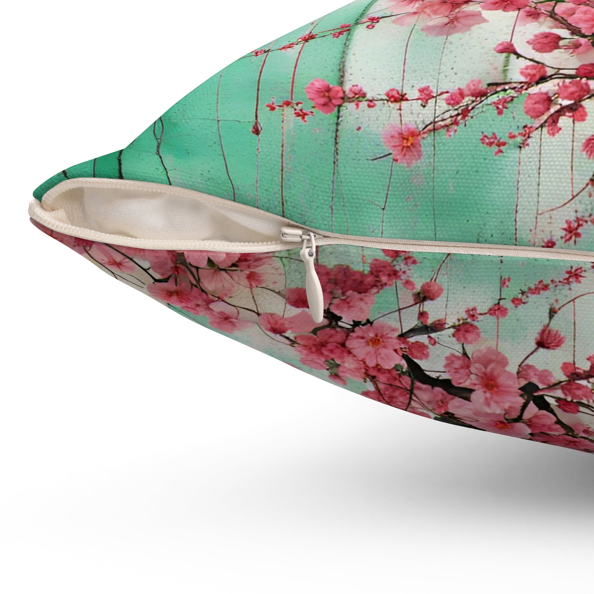 Japanese Themed Outdoor Pillows and Patio Decor Pink Cherry Blossoms Print 16x16 zipper