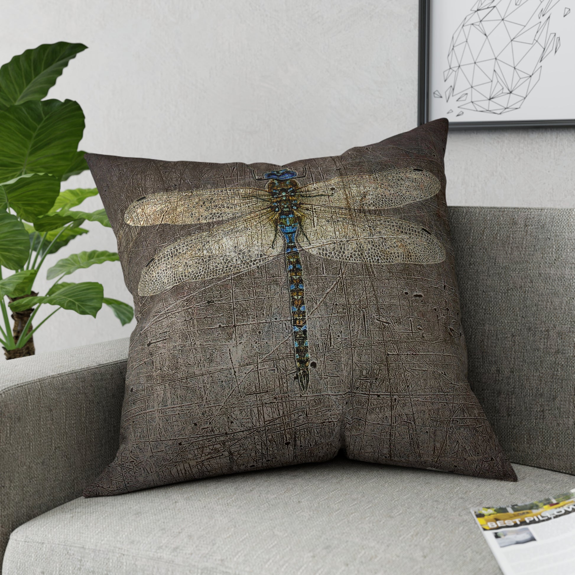 Large Double Sided Throw Pillow Dragonfly on Distressed Grey Stone Print - Dragonfly Themed Home Decor front on chaise