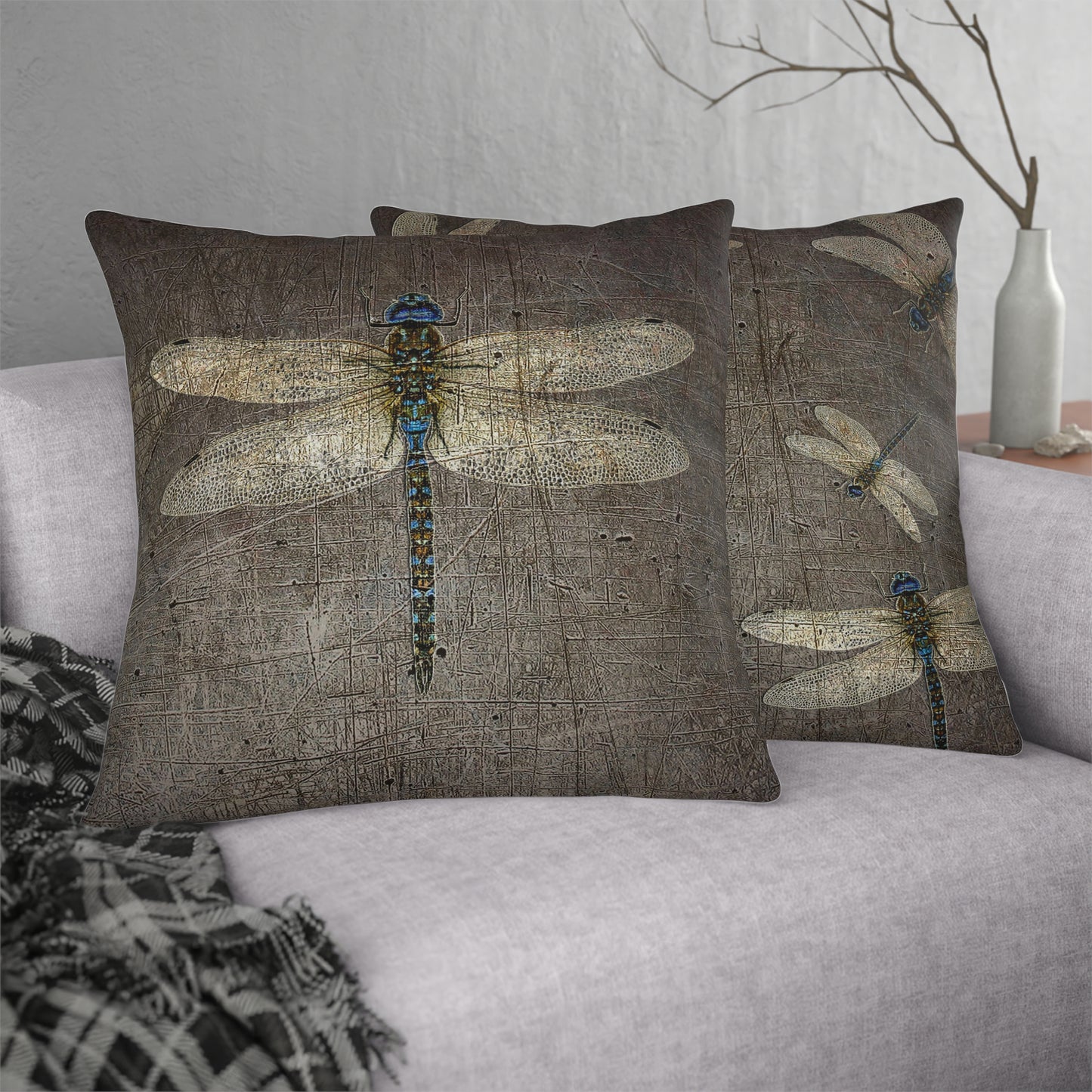 Large Double Sided Throw Pillow Dragonfly on Distressed Grey Stone Print - Dragonfly Themed Home Decor front and back on sofa