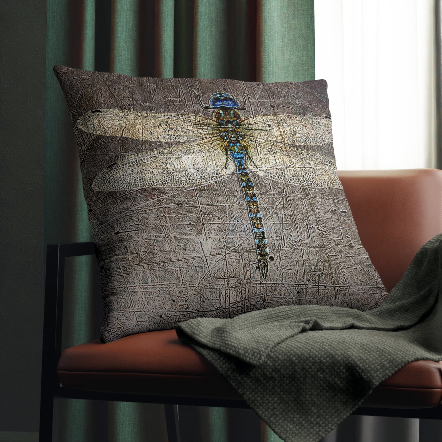 Large Double Sided Throw Pillow Dragonfly on Distressed Grey Stone Print - Dragonfly Themed Home Decor front on chair