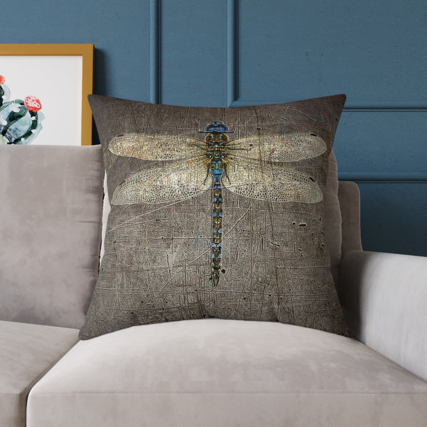 Large Double Sided Throw Pillow Dragonfly on Distressed Grey Stone Print - Dragonfly Themed Home Decor front on sofa