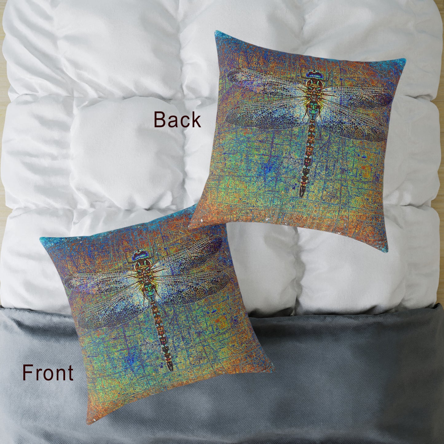 Large Throw Pillow Dragonfly on Multicolor Background Print front and back on bed