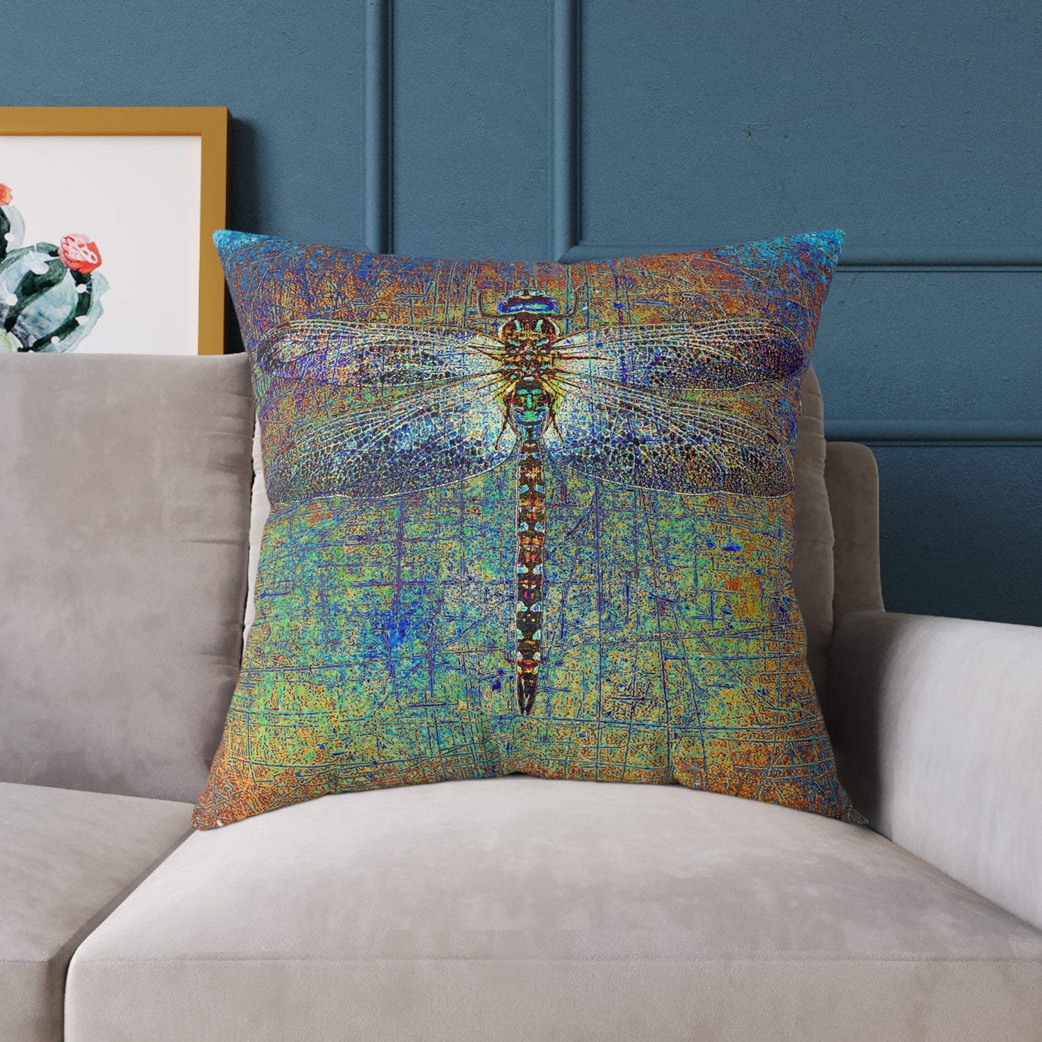 Large Throw Pillow Dragonfly on Multicolor Background Print front on sofa