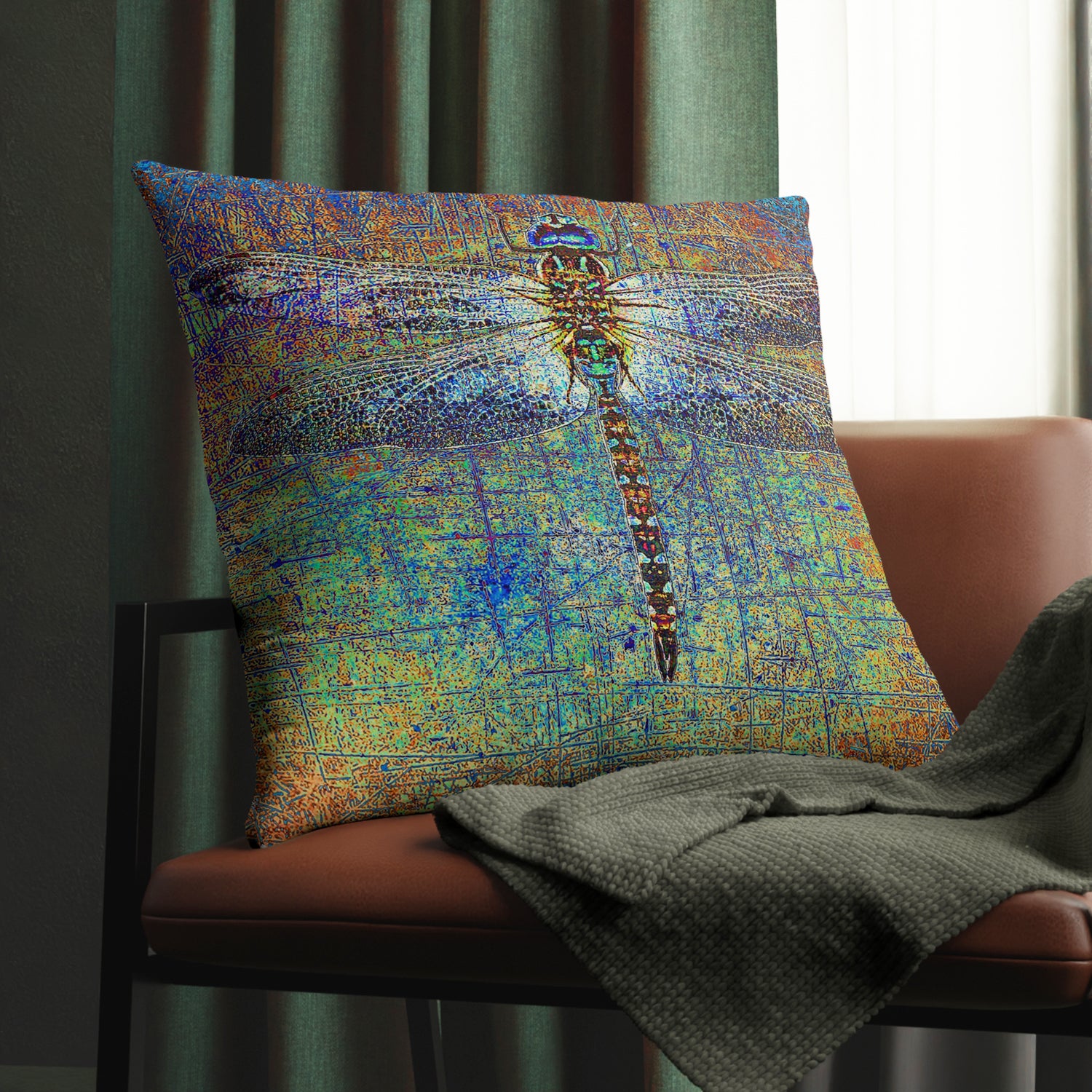 Large Throw Pillow Dragonfly on Multicolor Background Print front on chair