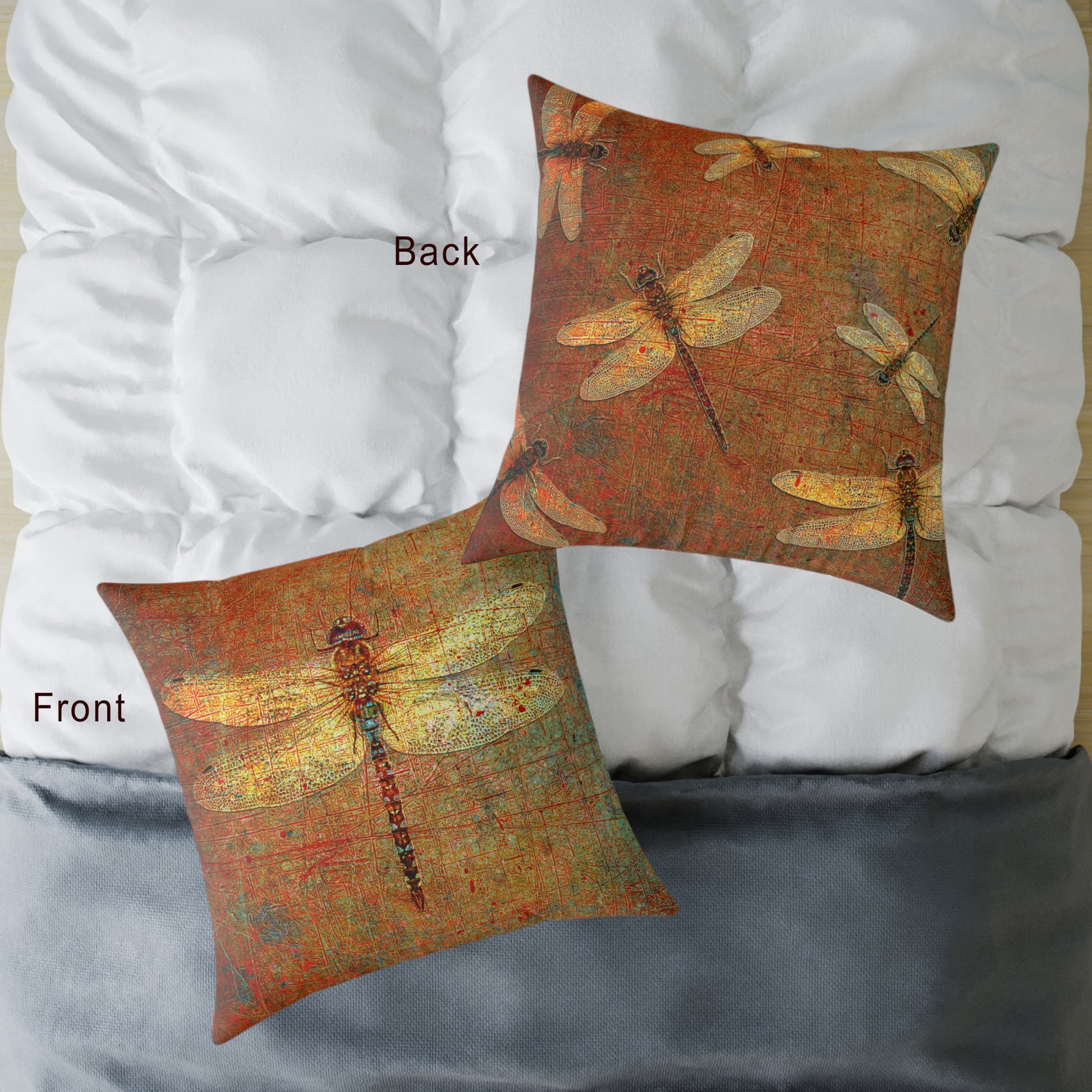 Large Throw Pillow Golden Dragonfly on Distressed Brown Background Print front and back on bed