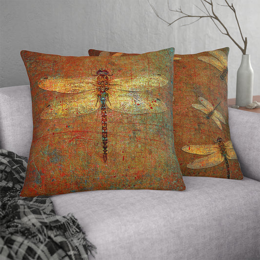 Large Throw Pillow Golden Dragonfly on Distressed Brown Background Print front and back on sofa