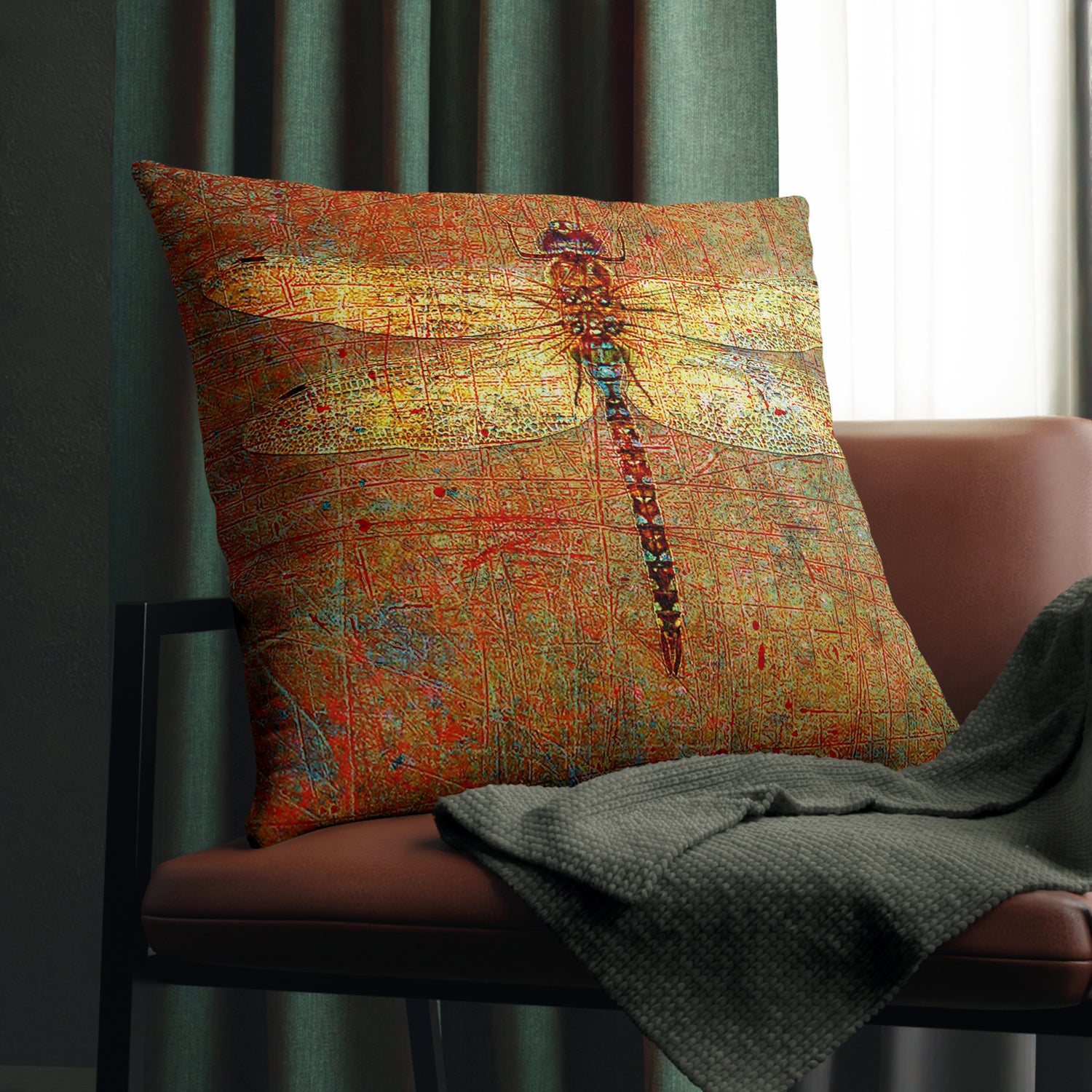 Large Throw Pillow Golden Dragonfly on Distressed Brown Background Print front on chair