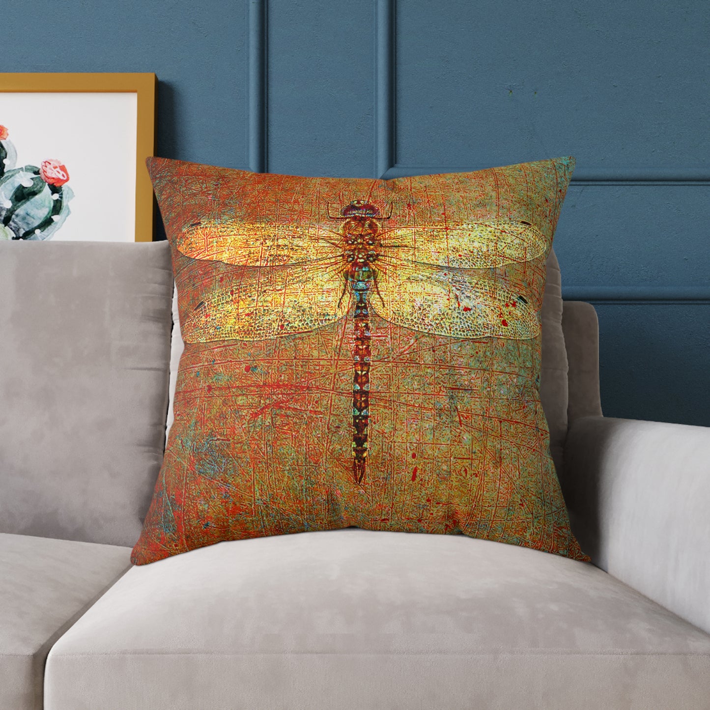 Large Throw Pillow Golden Dragonfly on Distressed Brown Background Print front on sofa