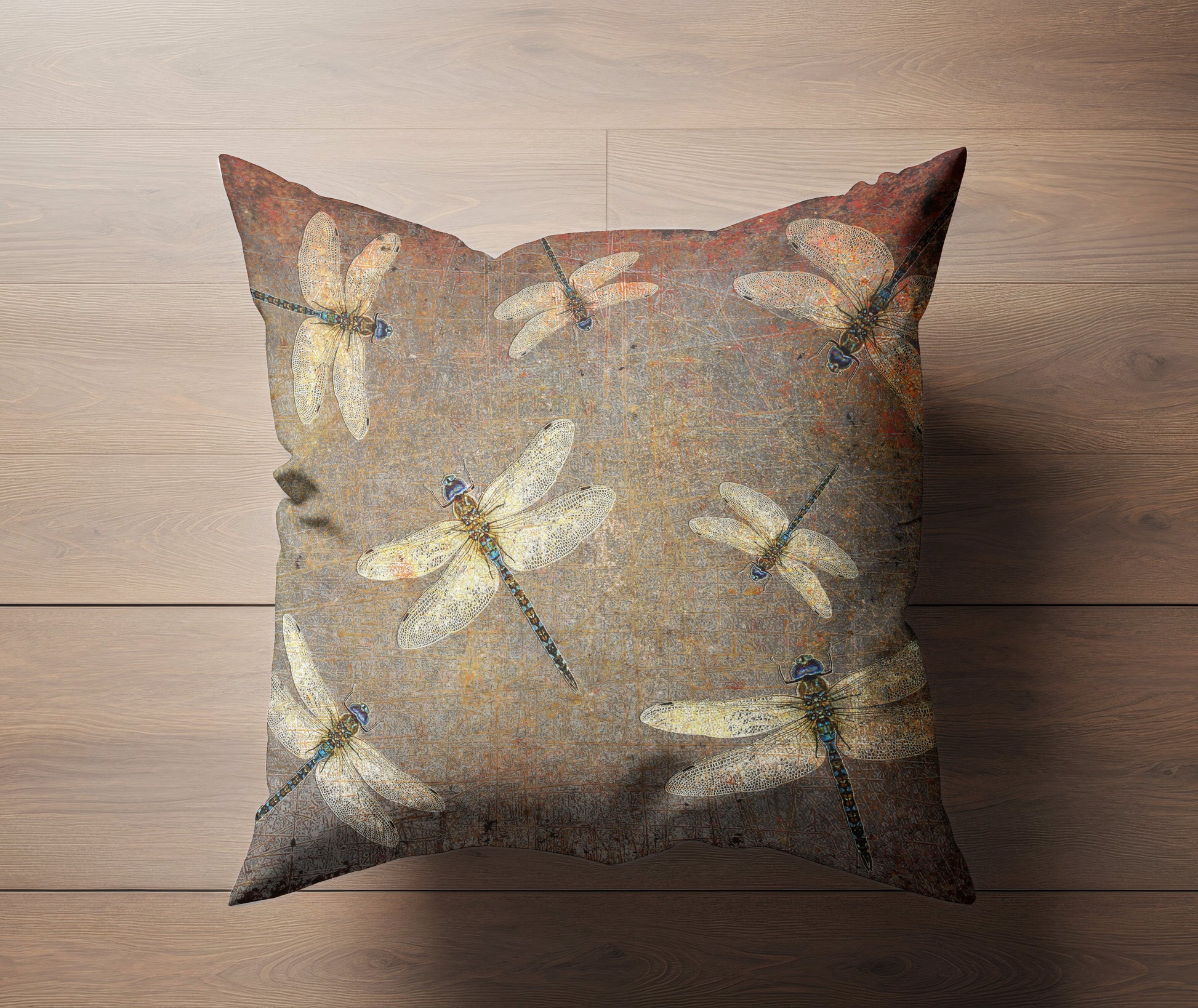 Large Throw Pillow Silver Dragonflies on Distressed Background Print on floor