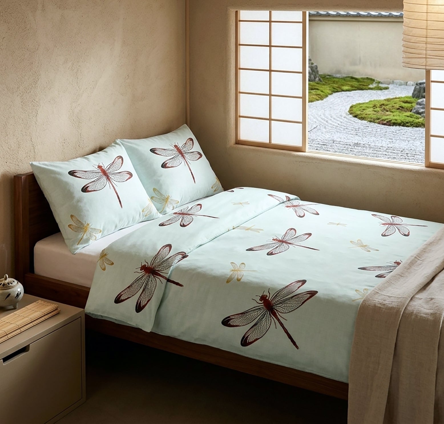 A light blue bedding set with dragonfly prints, styled on a wooden bed frame in a Japanese-style bedroom with a shoji screen and garden view.