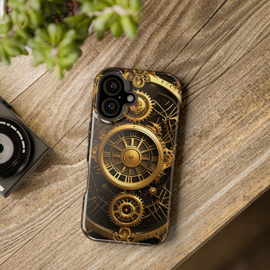 Magnetic Tough Cases for iPhone 16, Art Deco Themed Steampunk Gold and Copper Gears Panel Printed on Phone Case for iPhone 16