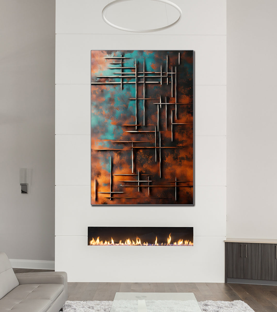 Industrial Rust Composition Abstract Art Vertical Print on eco Friendly Recycled aluminum hung above fireplace