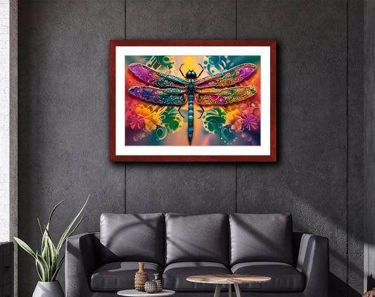 Multicolor Psychedelic Dragonfly Framed Print in a Cherry Color Wood Frame hung