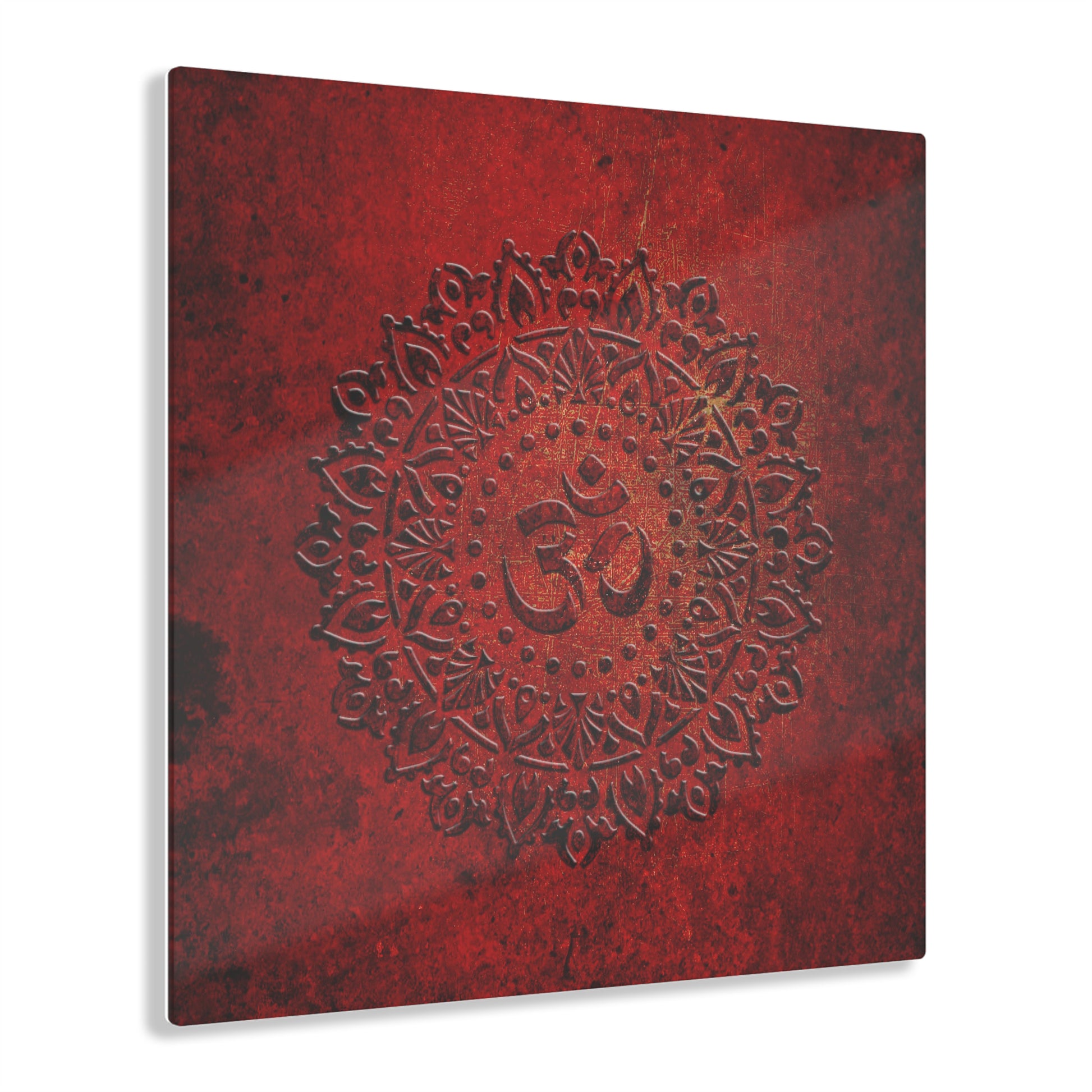 Om Symbol Mandala Style on Lava Red Background Printed on a Crystal Clear Acrylic Panel
