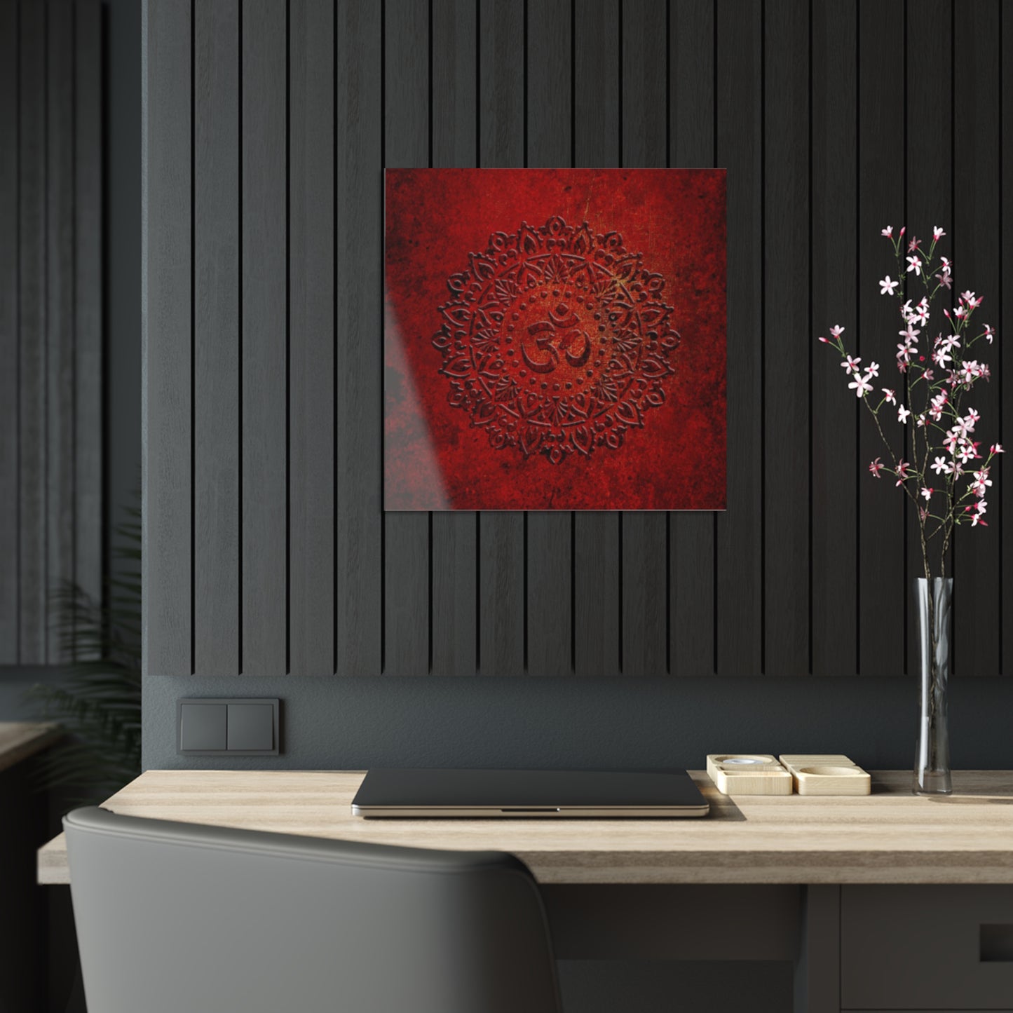 Om Symbol Mandala Style on Lava Red Background Printed on a Crystal Clear Acrylic Panel 20x20