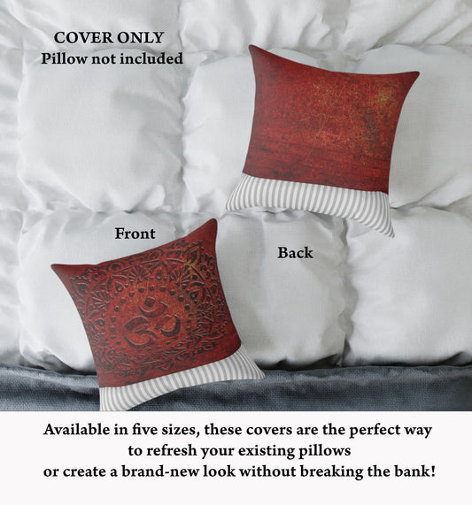 Om Symbol Mandala Style Print on Lava Red Background replacement Pillow Cover front and back on bed