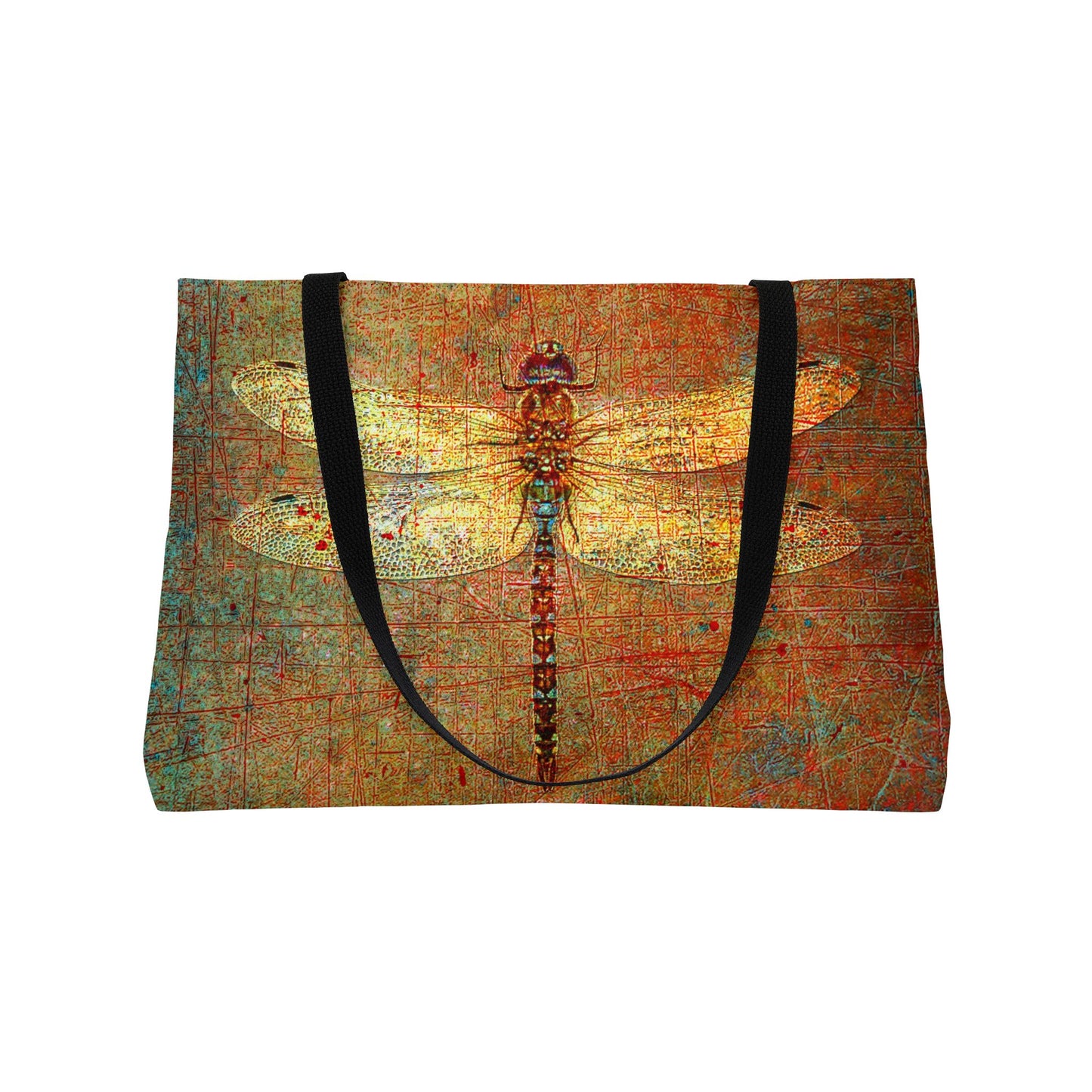 Tote bag with dragonfly design on a textured background with black straps