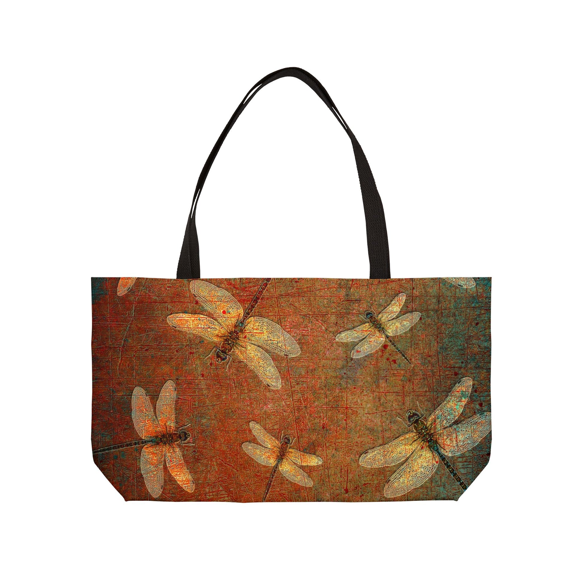 Tote bag with dragonfly design on a textured background