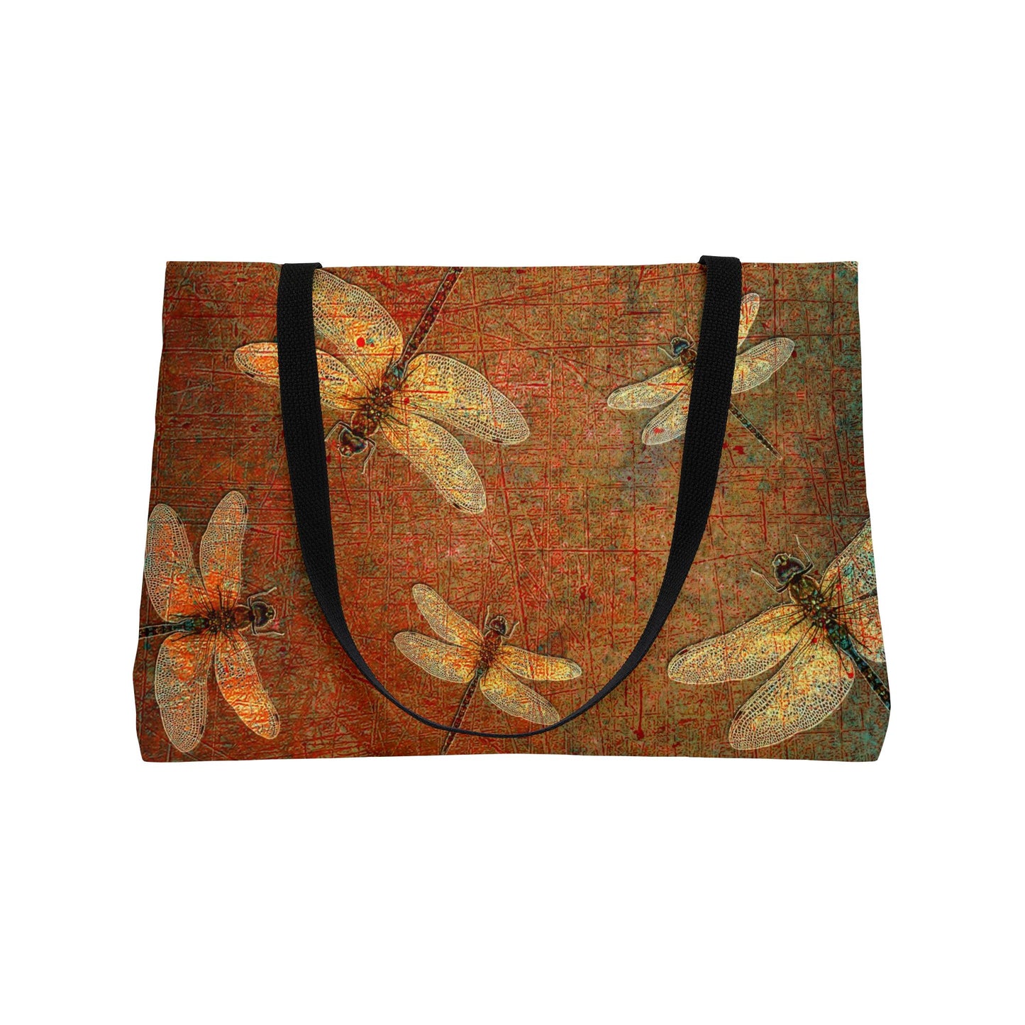 Tote bag with dragonfly design on a textured brown background