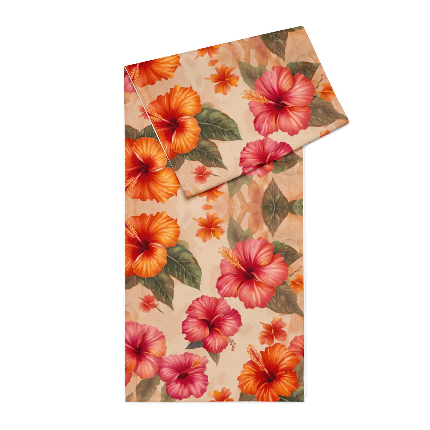 Pink and Orange Hibiscus Flowers Print Table Runner folded